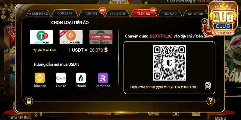 Cách nạp tiền Hitclub qua tiền ảo